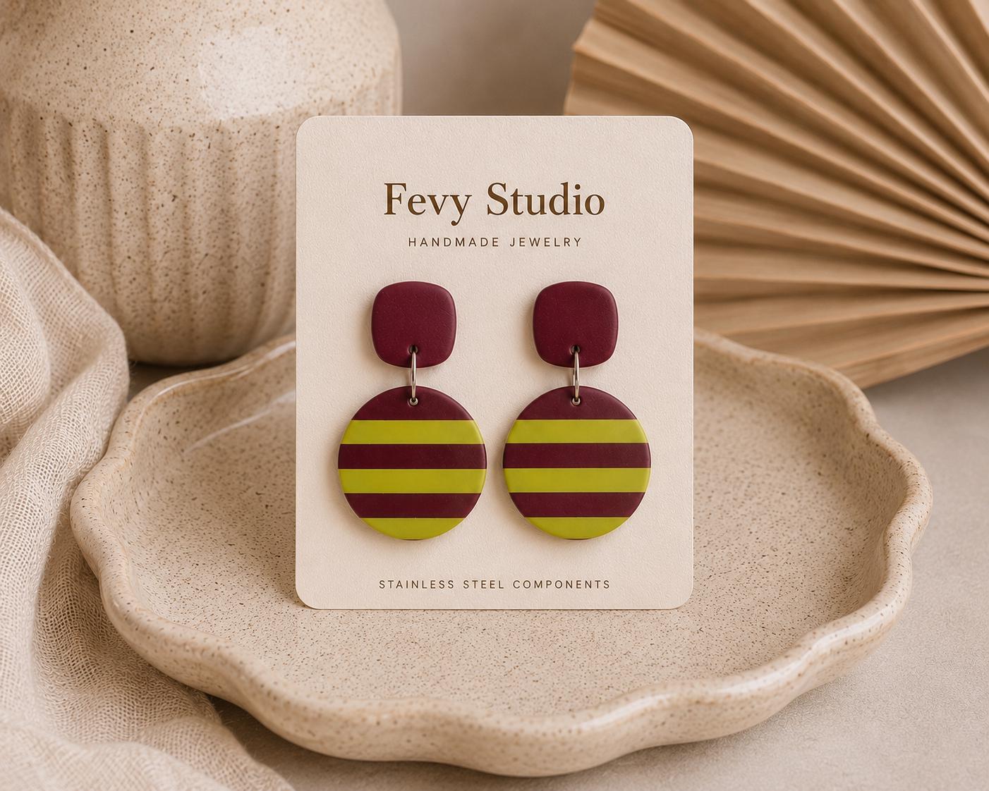 Burgundy & Chartreuse Clay Jewelry Set, Polymer Clay Earrings and Pendant Necklace, Modern Boho Statement Jewelry, Handmade Geometric Gift