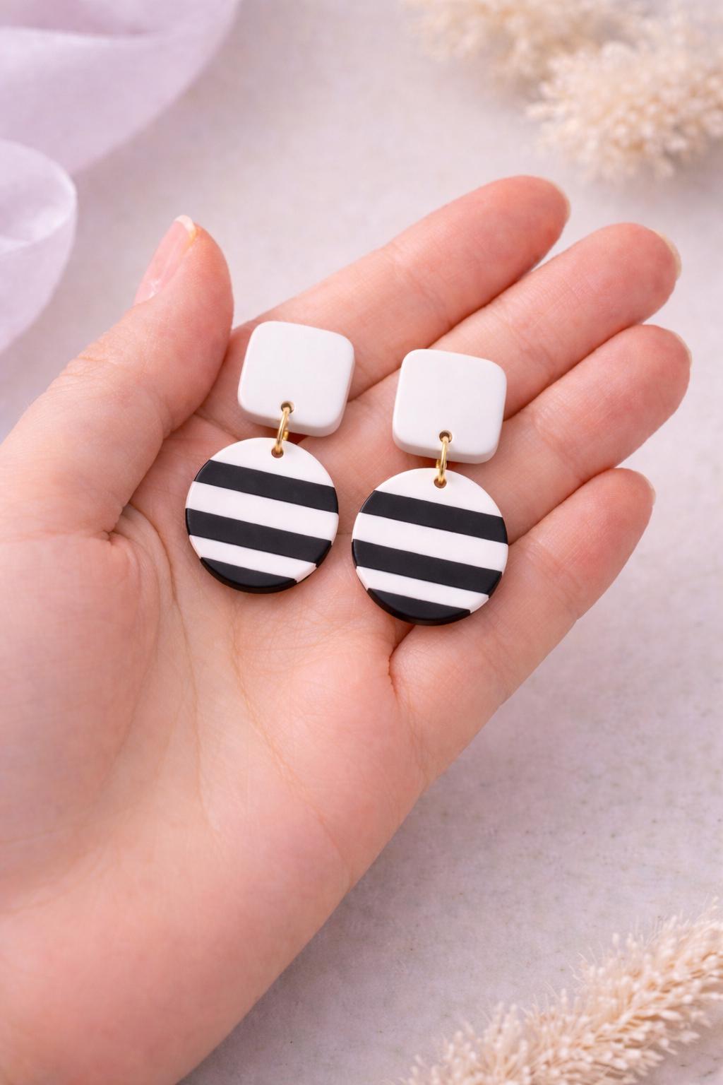 Black and White Statement Earrings, Minimalist Polymer Clay Earrings, Geometric Dangle Earrings, Lightweight Modern Earrings, Monochrome Jew
