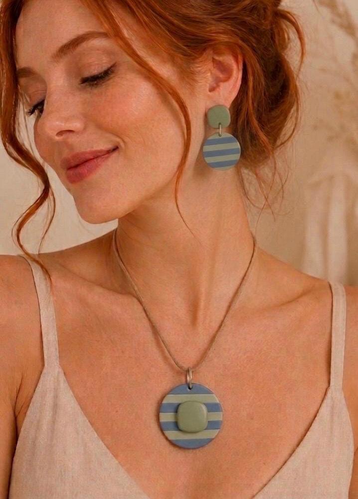 Blue Sage Striped Polymer Clay Jewelry Set, Matching Earrings & Pendant Necklace, Handmade Minimalist Jewelry, Pastel Statement Set