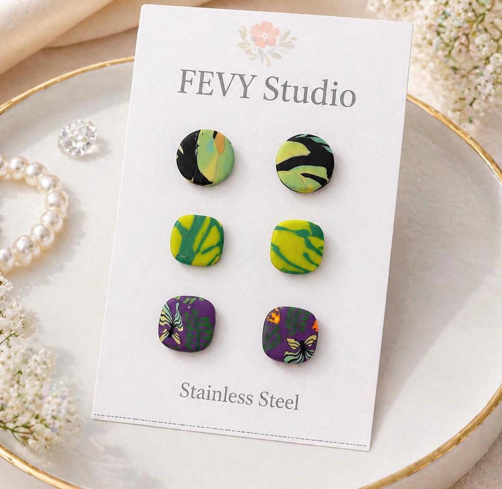 Handmade Polymer Clay Marble Stud Earrings, Lightweight Statement Round Earrings