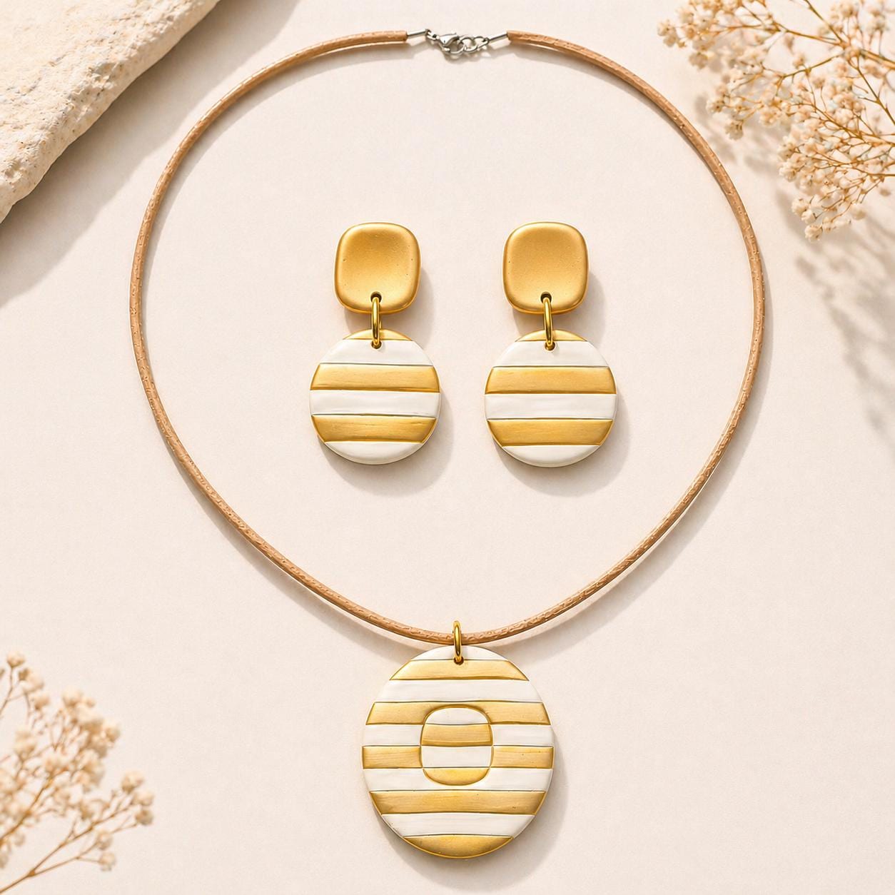 Handmade White Gold Striped Polymer Clay Necklace Earrings Set, Statement Jewelry