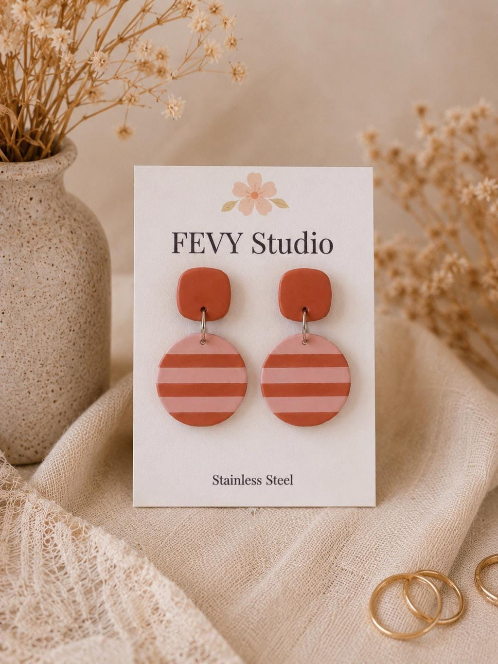 Boho Terracotta Pink Striped Polymer Clay Earrings | Lightweight Statement Handmade Jewelry