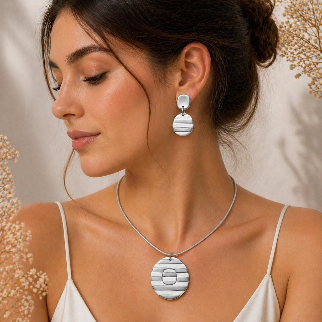 Handmade White Silver Polymer Clay Statement Jewelry Set, Modern Minimalist Earrings Necklace