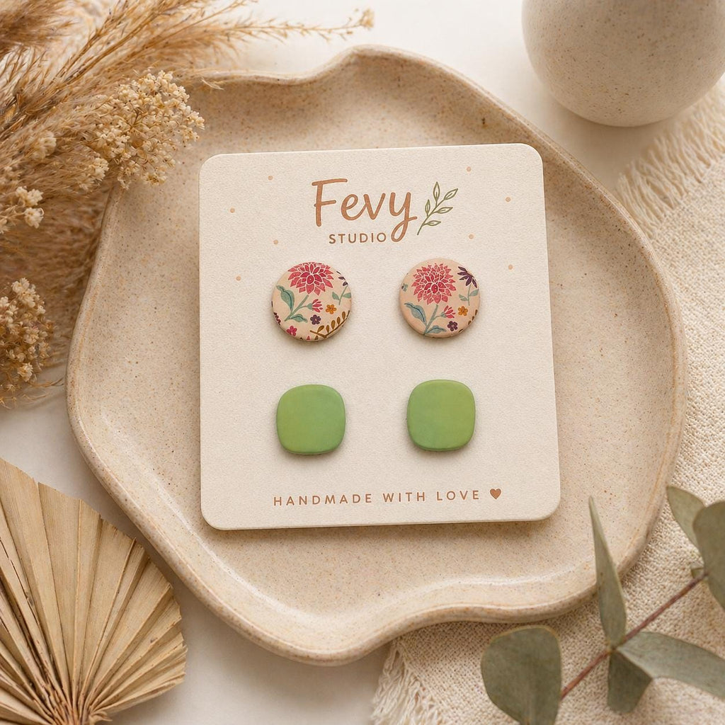 Boho Floral and Green Square Polymer Clay Earrings Set, Handmade Studs