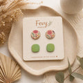 Boho Floral and Green Square Polymer Clay Earrings Set, Handmade Studs