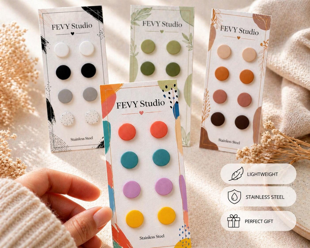 Polymer Clay Stud Earrings Set, Minimalist Pastel Colors, Lightweight Stainless Steel Posts