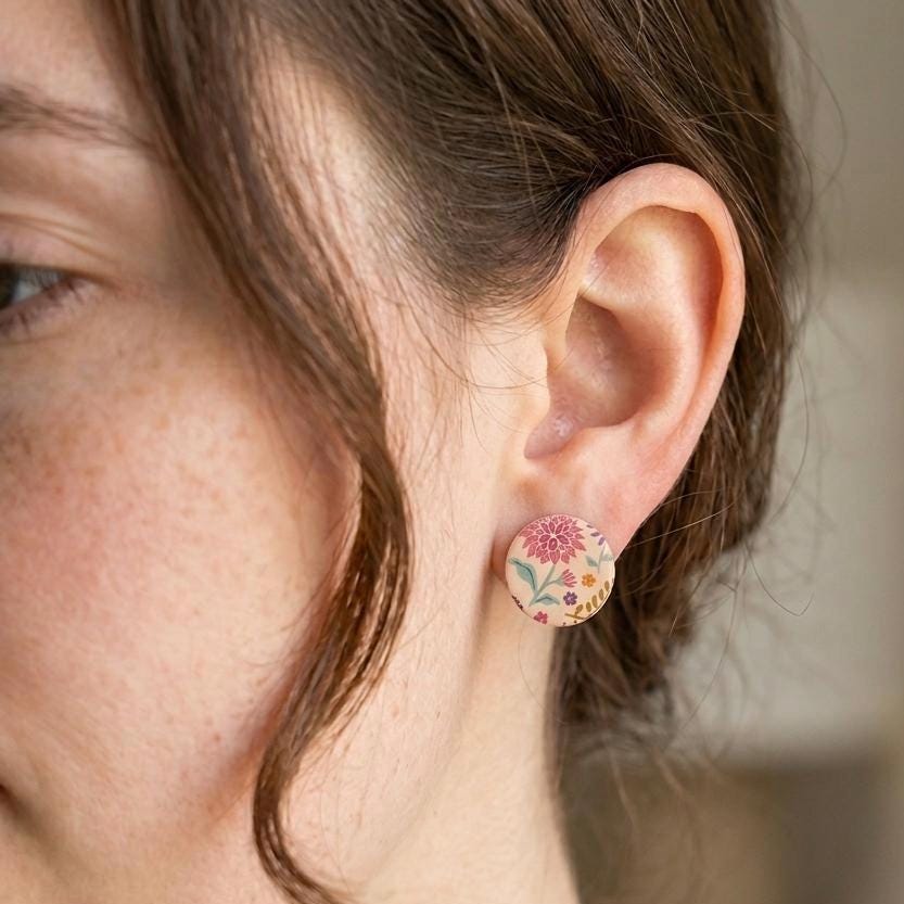 Boho Floral and Green Square Polymer Clay Earrings Set, Handmade Studs
