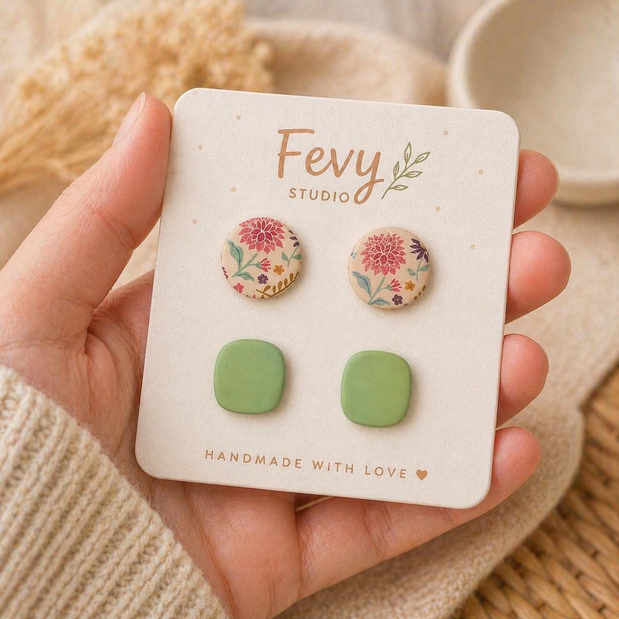 Boho Floral and Green Square Polymer Clay Earrings Set, Handmade Studs