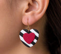 Striped Heart Drop Earrings, Black White Clay Jewelry, Colorful Statement Earrings, Boho Modern Gift for Her, Handmade Polymer Clay Earrings