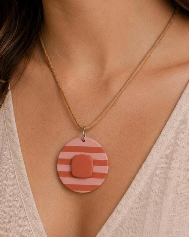 Boho Clay Necklace for Women | Terracotta & Dusty Pink Pendant Necklace | Handmade Polymer Clay Jewelry | Modern Minimalist Necklace