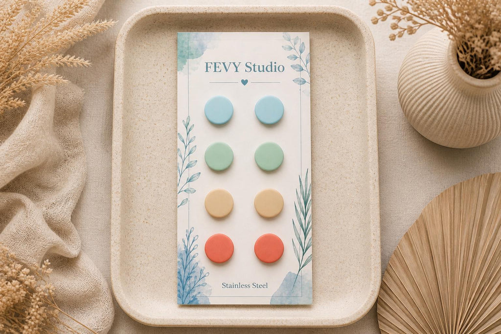 Polymer Clay Stud Earrings Set, Minimalist Matte Jewelry, Stainless Steel Posts