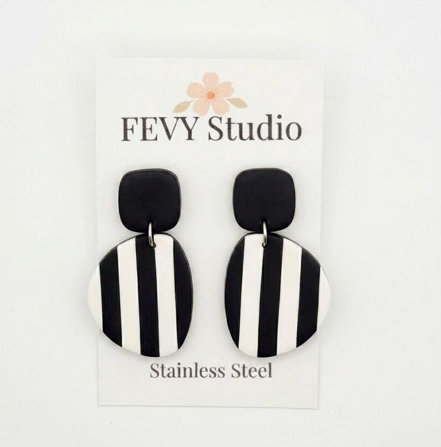 Black White Striped Polymer Clay Dangle Earrings | Modern Minimalist Statement Jewelry