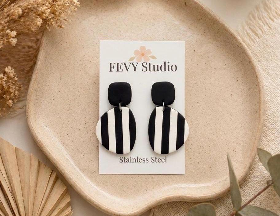 Black White Striped Polymer Clay Dangle Earrings | Modern Minimalist Statement Jewelry