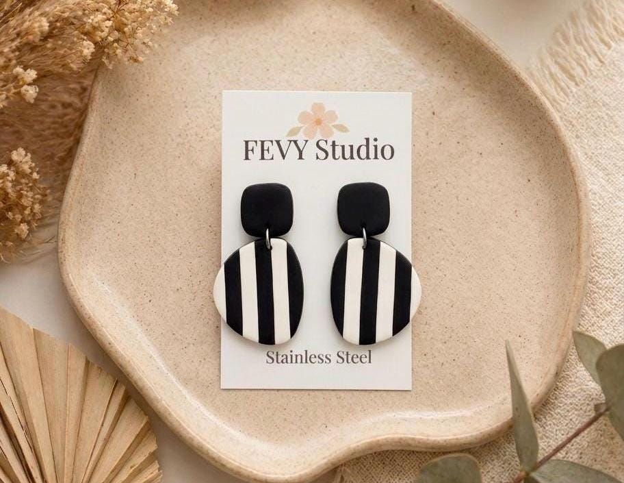 Retro Mod Black Stripe Earrings | Handmade Polymer Clay Drop Earrings