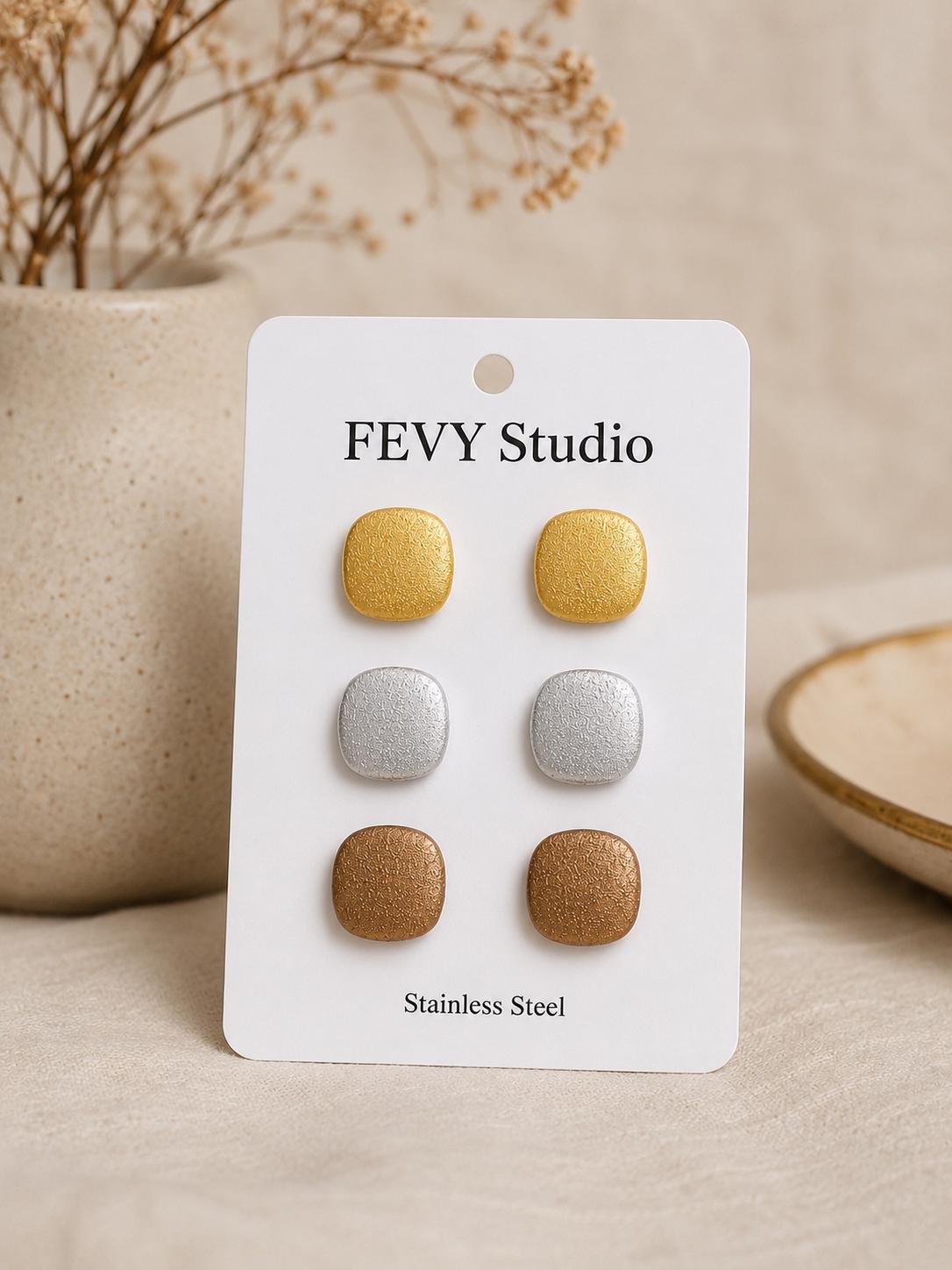 Metallic Stud Earrings Set • Minimalist Polymer Clay, Stainless Steel Posts