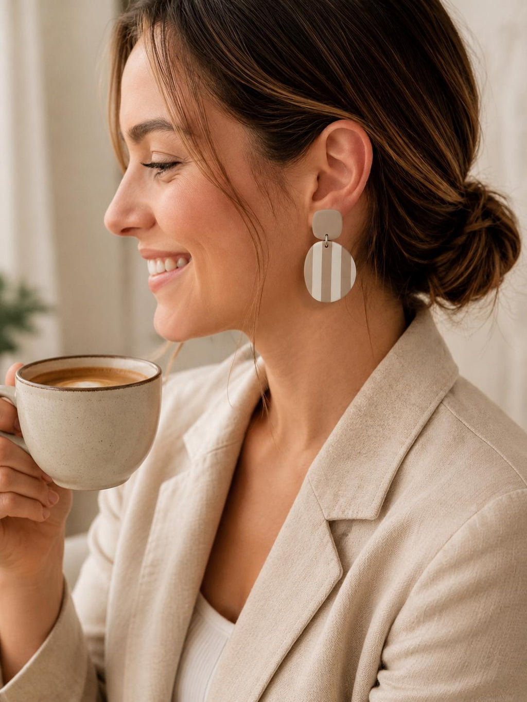 Modern Neutral Statement Earrings | Beige & Ivory Polymer Clay Earrings | Lightweight Stainless Steel Dangles