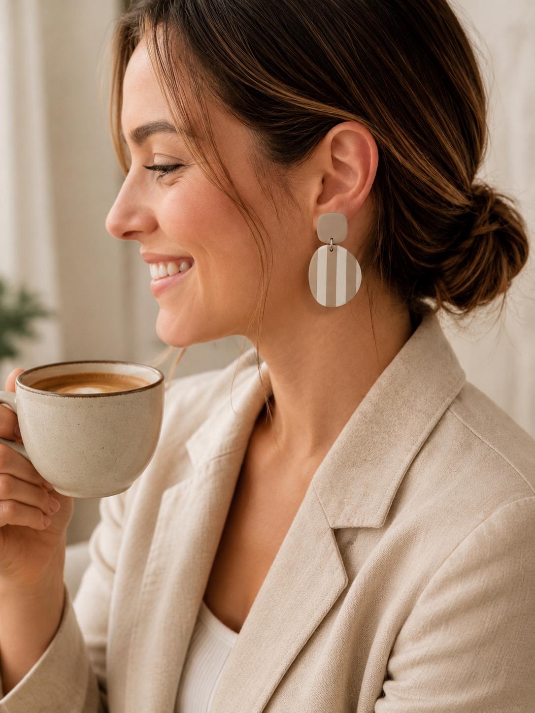 Modern Neutral Statement Earrings | Beige & Ivory Polymer Clay Earrings | Lightweight Stainless Steel Dangles