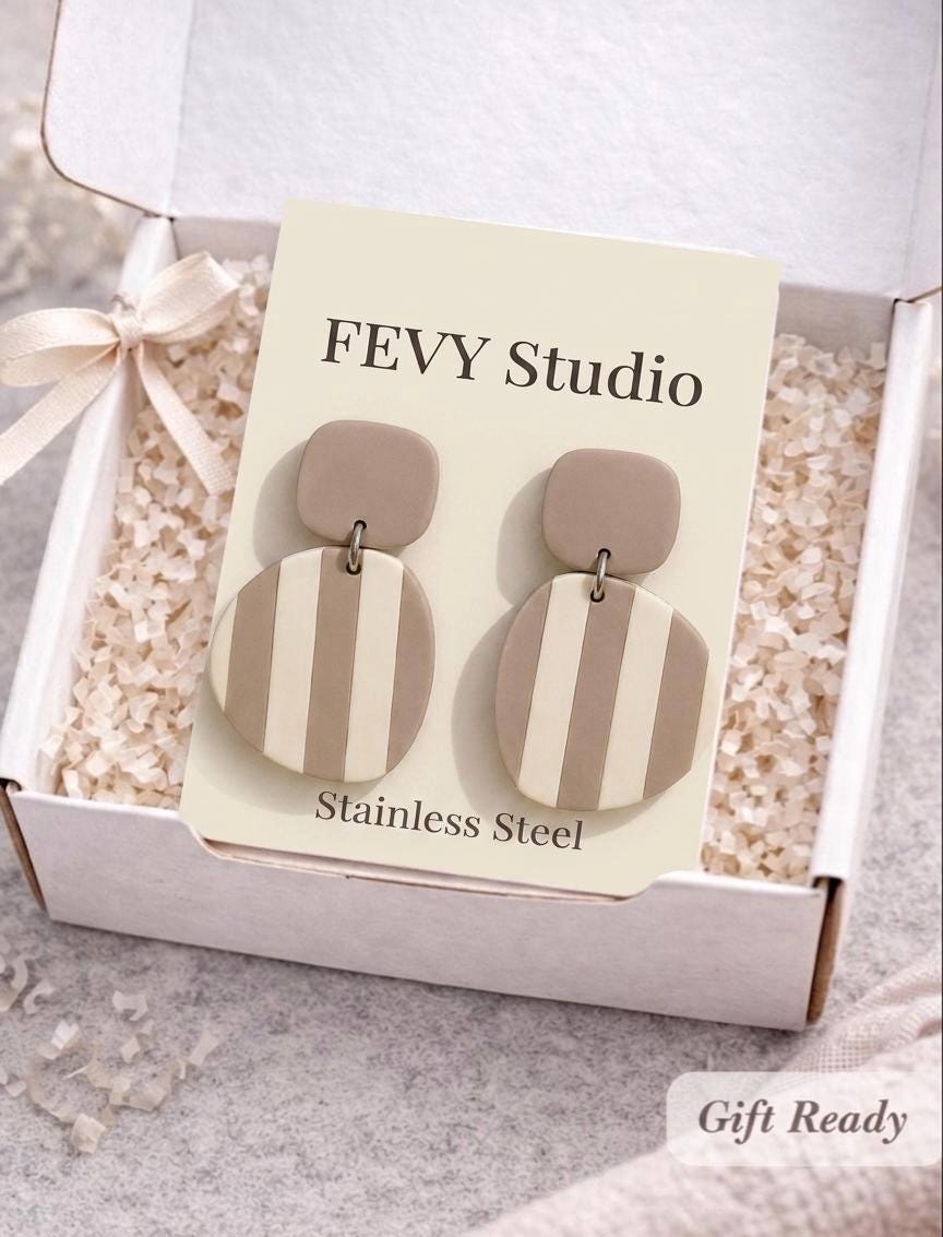 Modern Neutral Statement Earrings | Beige & Ivory Polymer Clay Earrings | Lightweight Stainless Steel Dangles