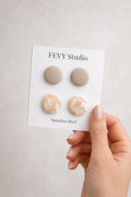 Neutral Beige Marble Polymer Clay Stud Earrings, Minimalist Modern Everyday Set