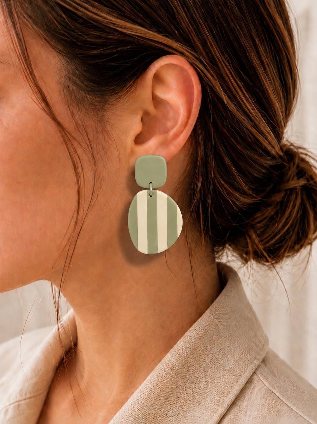 Sage Green Striped Polymer Clay Earrings | Lightweight Modern Dangle Jewelry