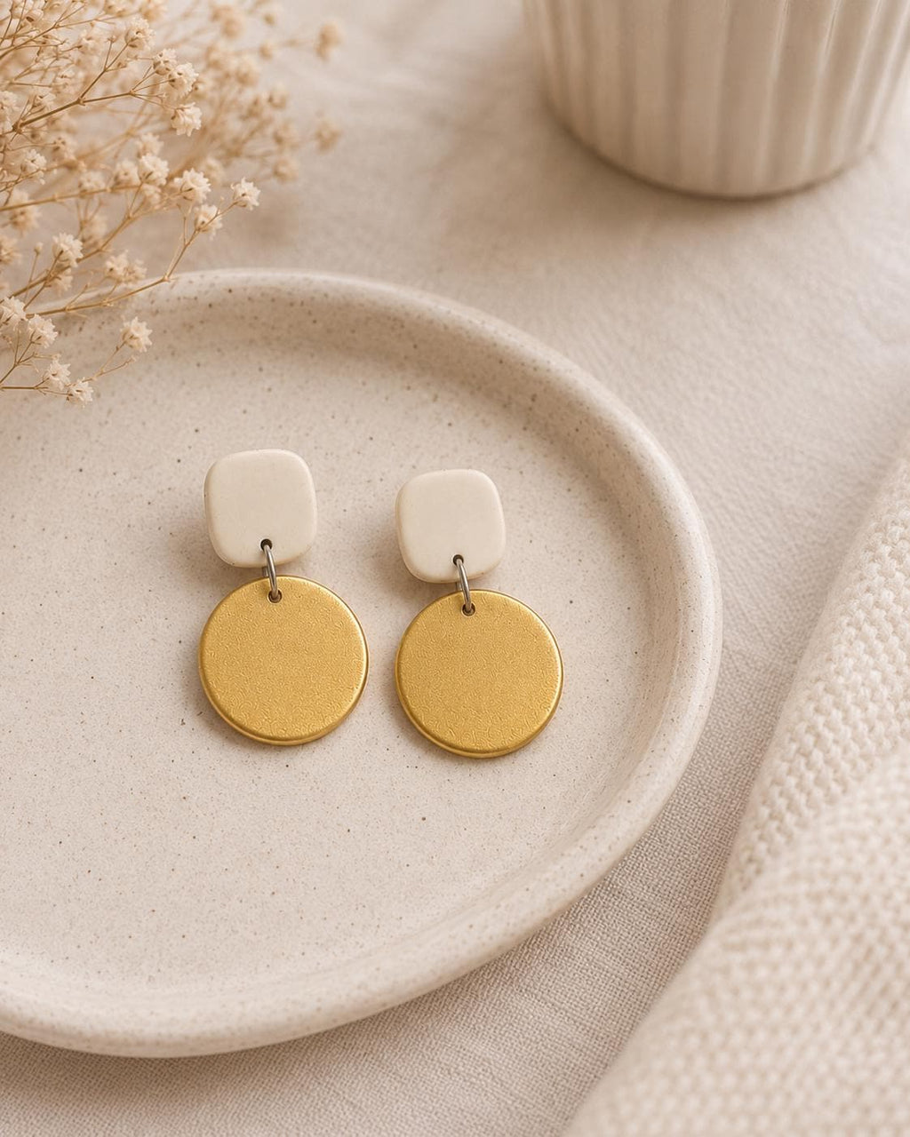 Minimalist Gold & Ivory Statement Earrings | Modern Polymer Clay Earrings | Neutral Dangle Earrings | Lightweight Earrings for Women