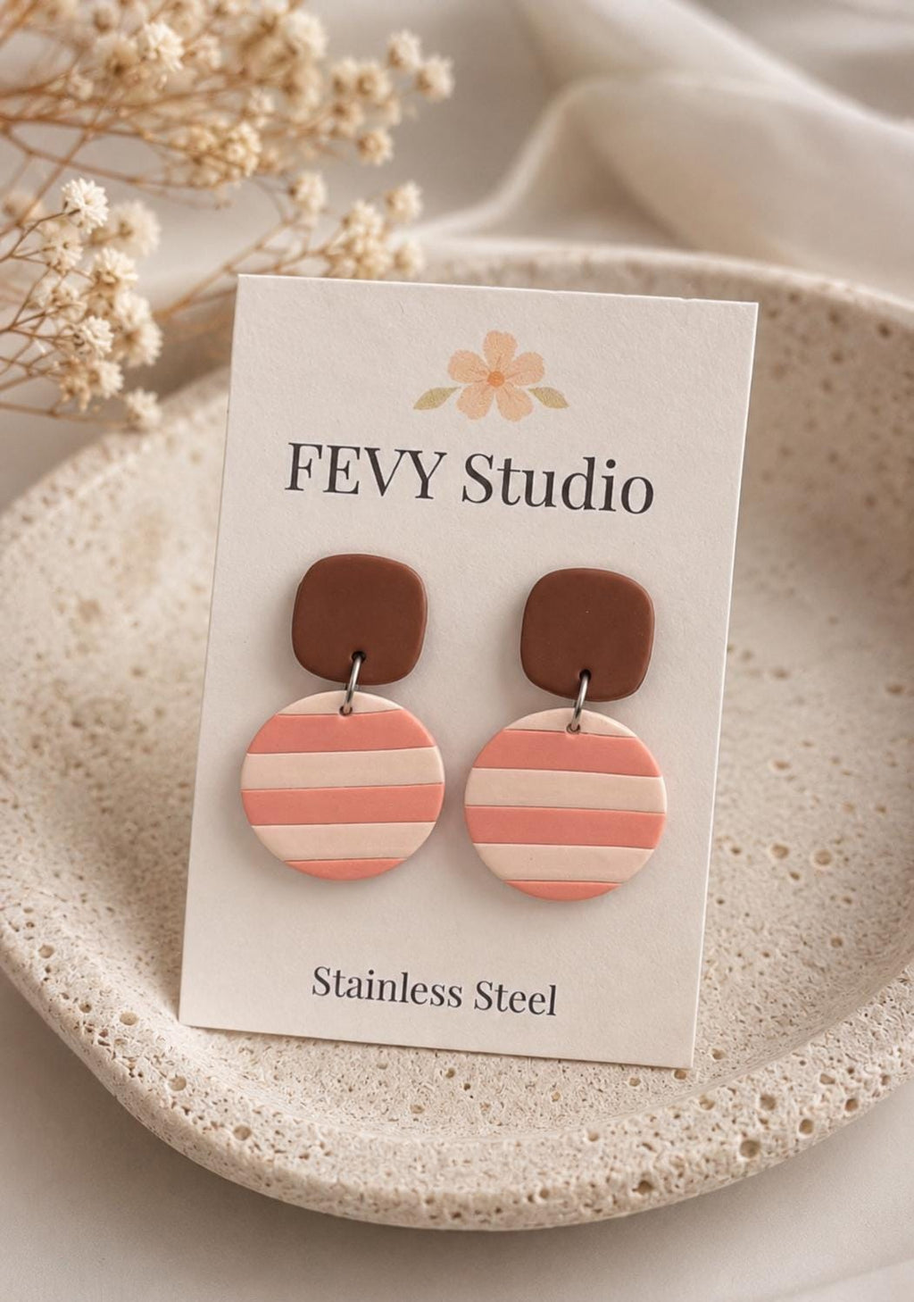 Handmade Striped Polymer Clay Dangle Earrings, Boho Minimalist Jewelry