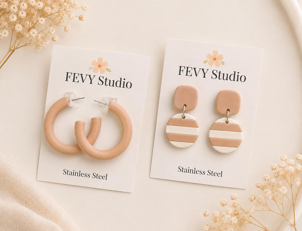 Handmade Polymer Clay Hoop and Stripe Dangle Earrings | Neutral Minimalist Jewelry