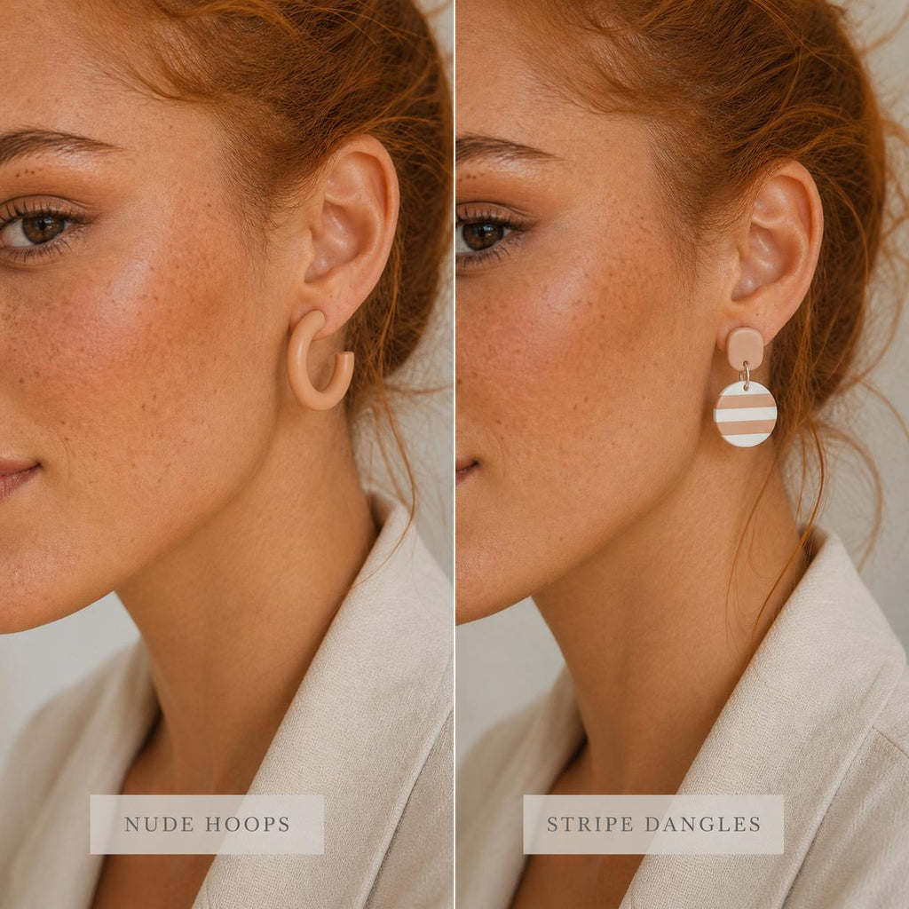 Handmade Polymer Clay Hoop and Stripe Dangle Earrings | Neutral Minimalist Jewelry