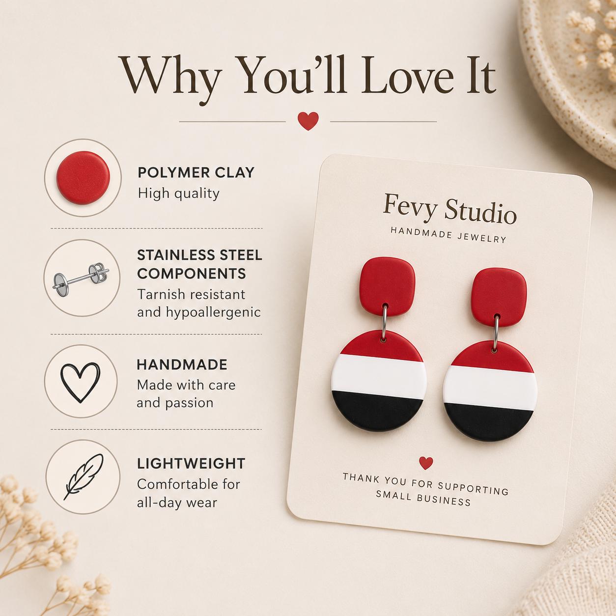 Modern Color Block Polymer Clay Earrings | Red White Black Retro Dangle Statement Jewelry