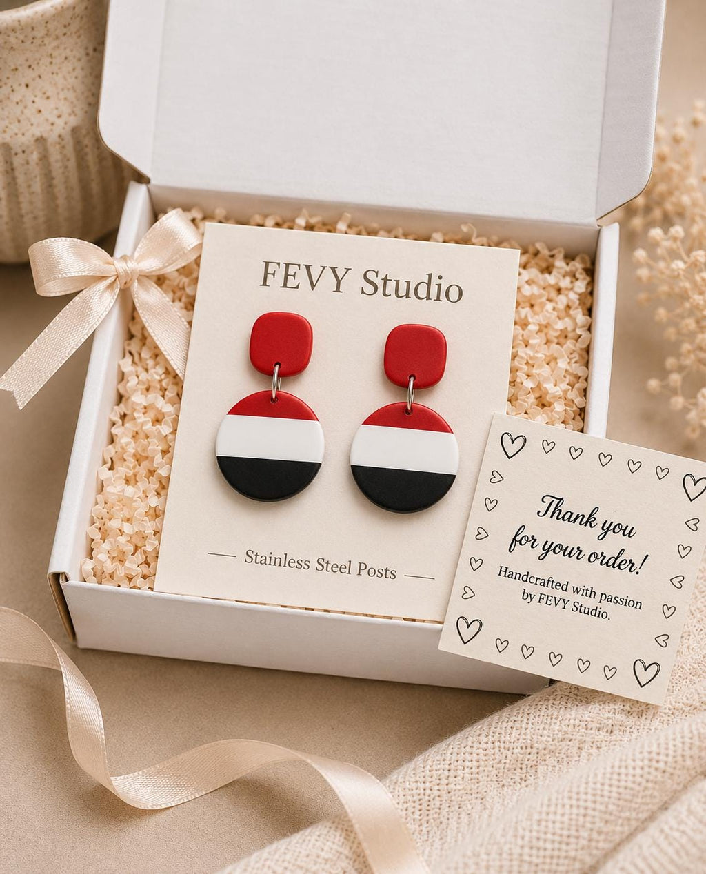 Modern Color Block Polymer Clay Earrings | Red White Black Retro Dangle Statement Jewelry