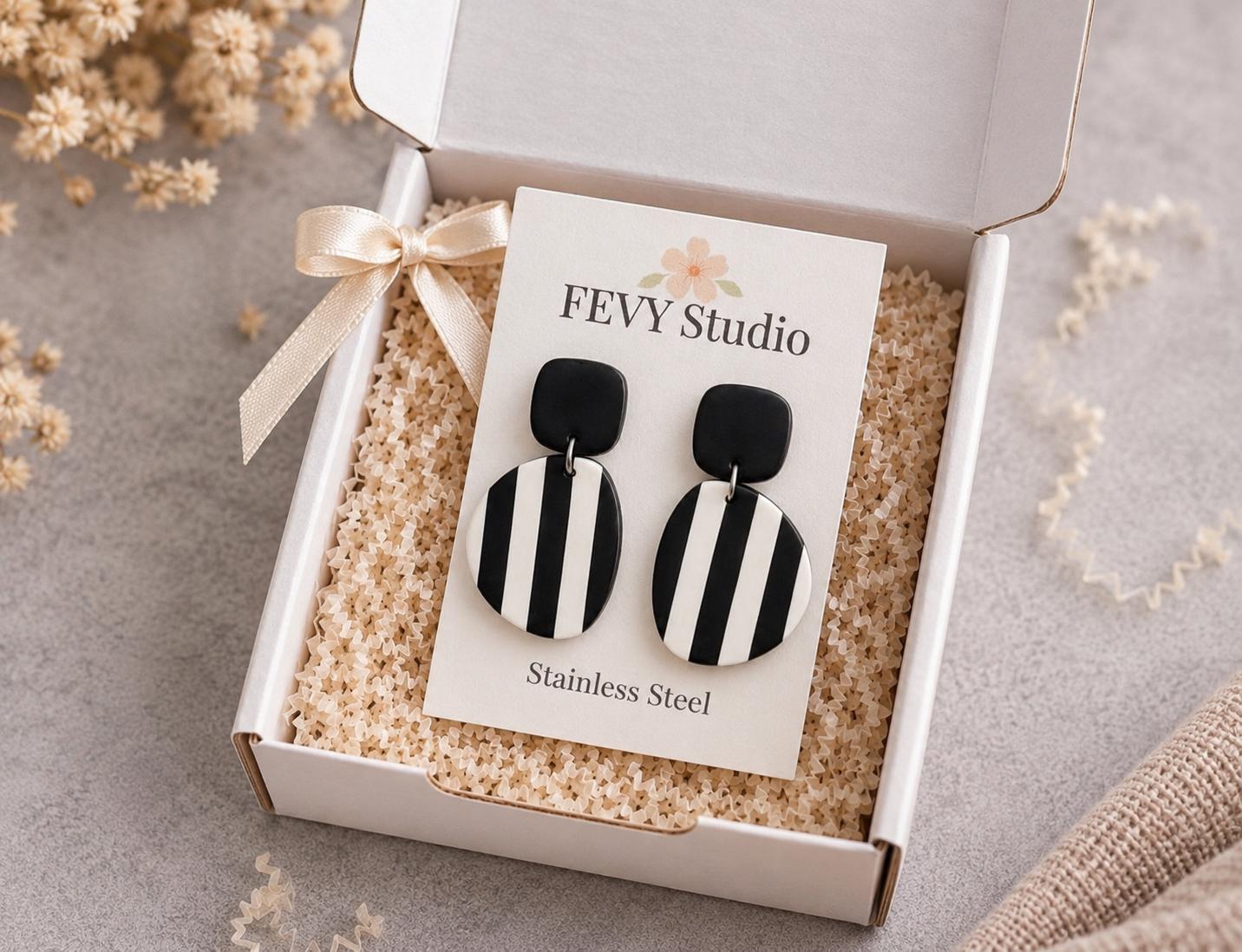 Retro Mod Black Stripe Earrings | Handmade Polymer Clay Drop Earrings