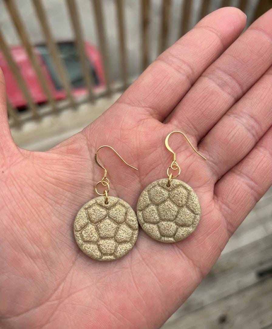 Handmade Gold Soccer Ball Polymer Clay Earrings, Lightweight Sports Dangle