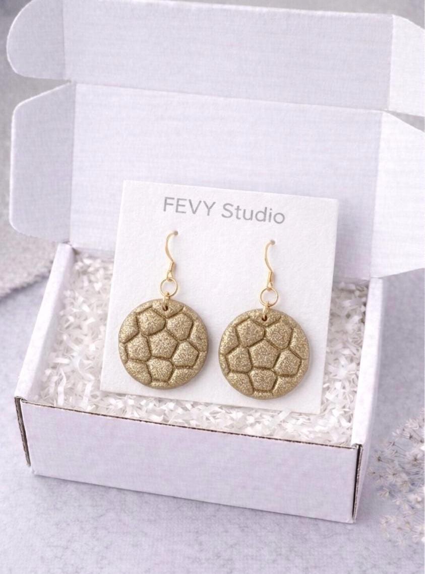 Handmade Gold Soccer Ball Polymer Clay Earrings, Lightweight Sports Dangle