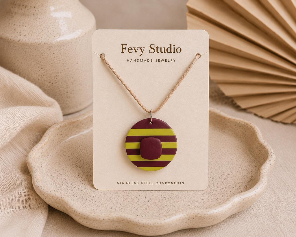 Burgundy & Chartreuse Clay Jewelry Set, Polymer Clay Earrings and Pendant Necklace, Modern Boho Statement Jewelry, Handmade Geometric Gift