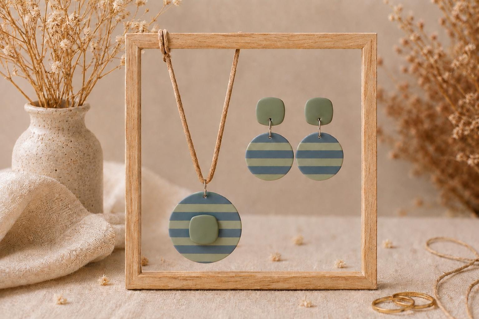 Blue Sage Striped Polymer Clay Jewelry Set, Matching Earrings & Pendant Necklace, Handmade Minimalist Jewelry, Pastel Statement Set