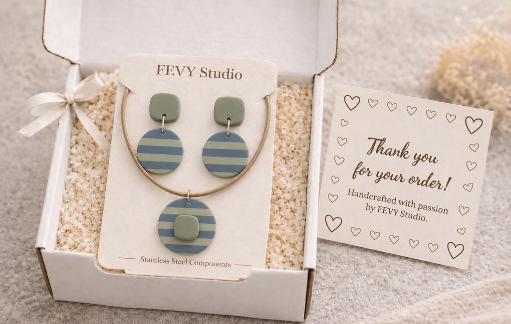 Blue Sage Striped Polymer Clay Jewelry Set, Matching Earrings & Pendant Necklace, Handmade Minimalist Jewelry, Pastel Statement Set