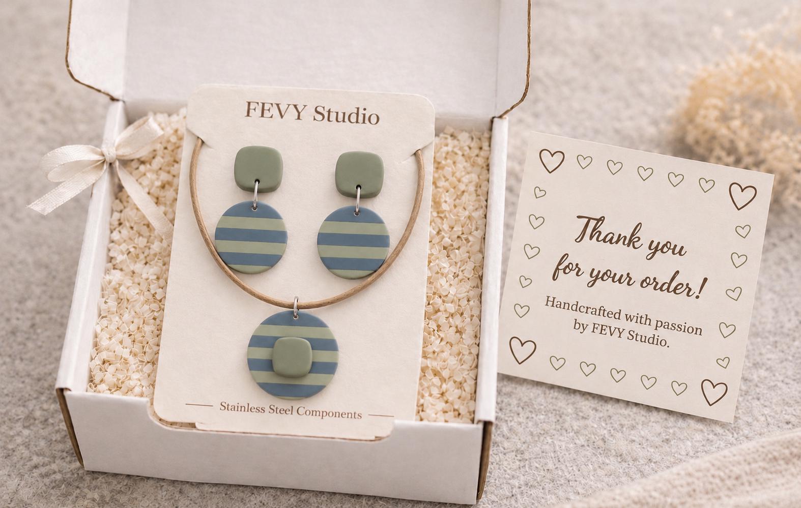 Blue Sage Striped Polymer Clay Jewelry Set, Matching Earrings & Pendant Necklace, Handmade Minimalist Jewelry, Pastel Statement Set