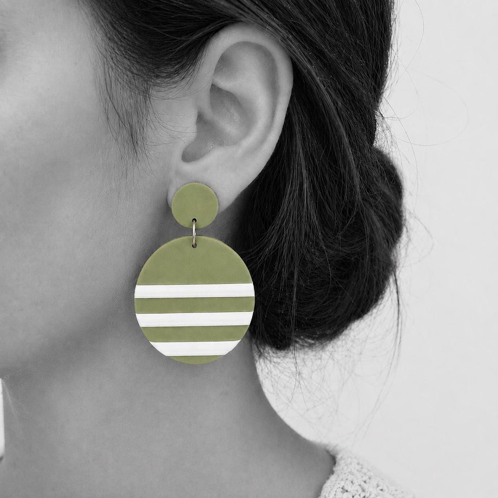 Polymer Clay Drop Earrings | Green Stripe Circle Dangle | Stainless Steel | Handmade Statement Earrings | Boho Lightweight Jewelry | Gift fo
