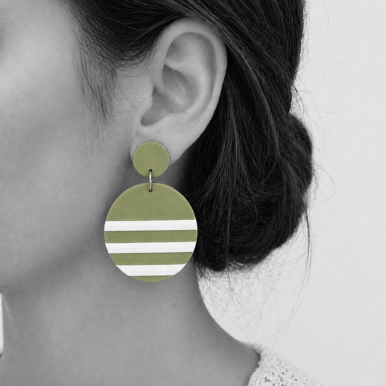 Polymer Clay Drop Earrings | Green Stripe Circle Dangle | Stainless Steel | Handmade Statement Earrings | Boho Lightweight Jewelry | Gift fo