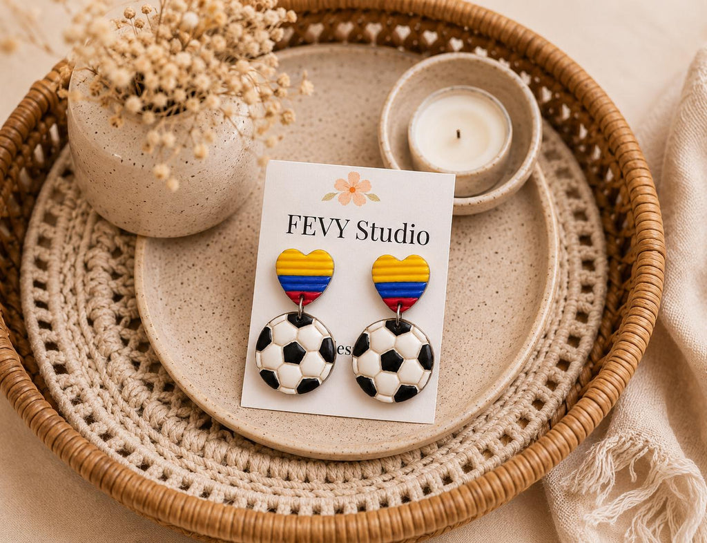 Colombia Game Day Earrings Set • 3 Pairs Included • Soccer Earrings Bundle • Colombian Flag Heart Earrings • Polymer Clay Earrings