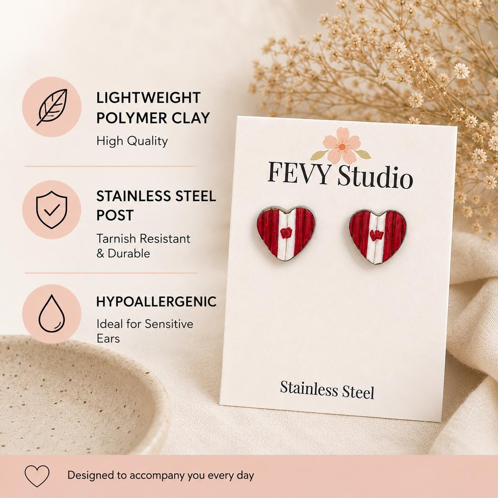 Canada Flag Heart Stud Earrings | Lightweight Polymer Clay Earrings | Hypoallergenic Stainless Steel Posts | Cute Canadian Earrings