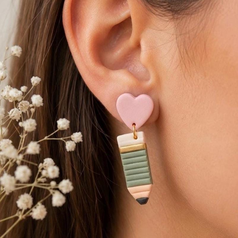 Pastel Pencil Heart Earrings – Handmade Teacher Gift, Back to School Jewelry