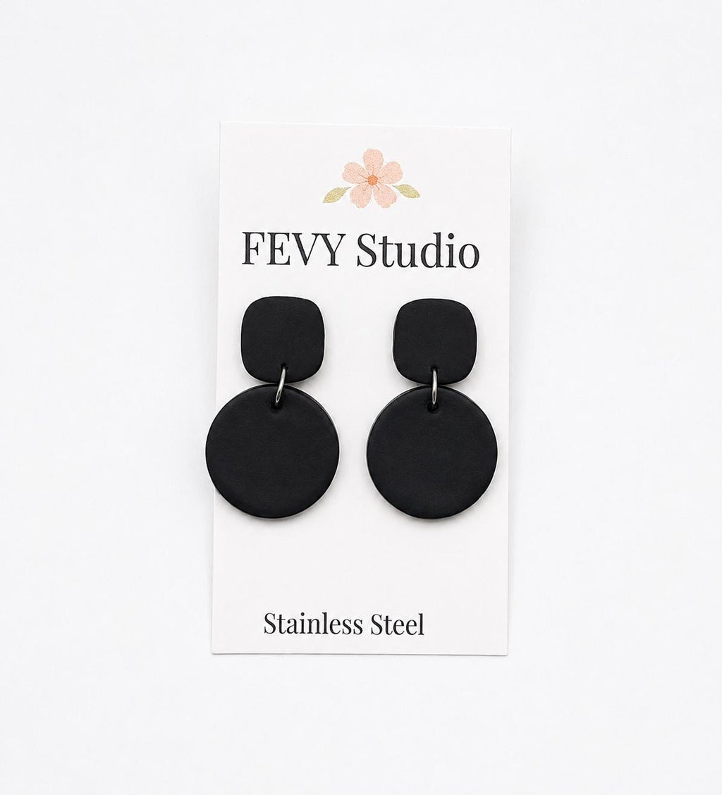 Matte Black Geometric Dangle Earrings | Lightweight Polymer Clay Statement Jewelry