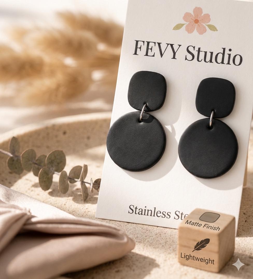 Matte Black Geometric Dangle Earrings | Lightweight Polymer Clay Statement Jewelry