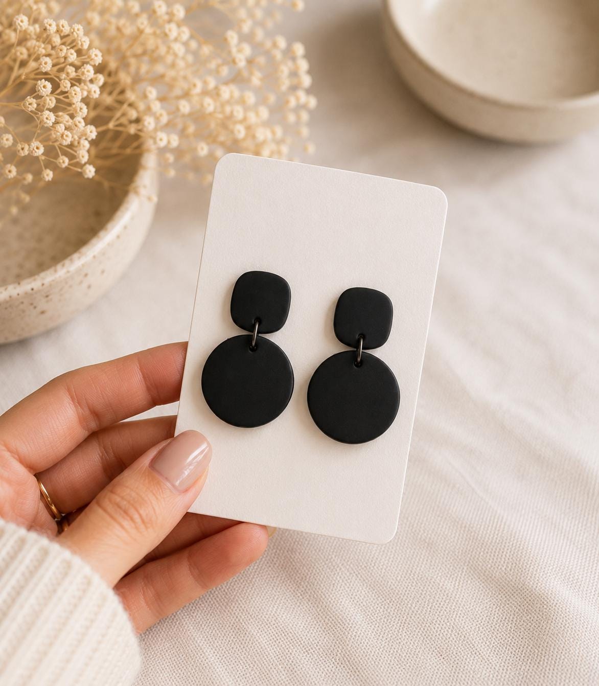 Matte Black Geometric Dangle Earrings | Lightweight Polymer Clay Statement Jewelry