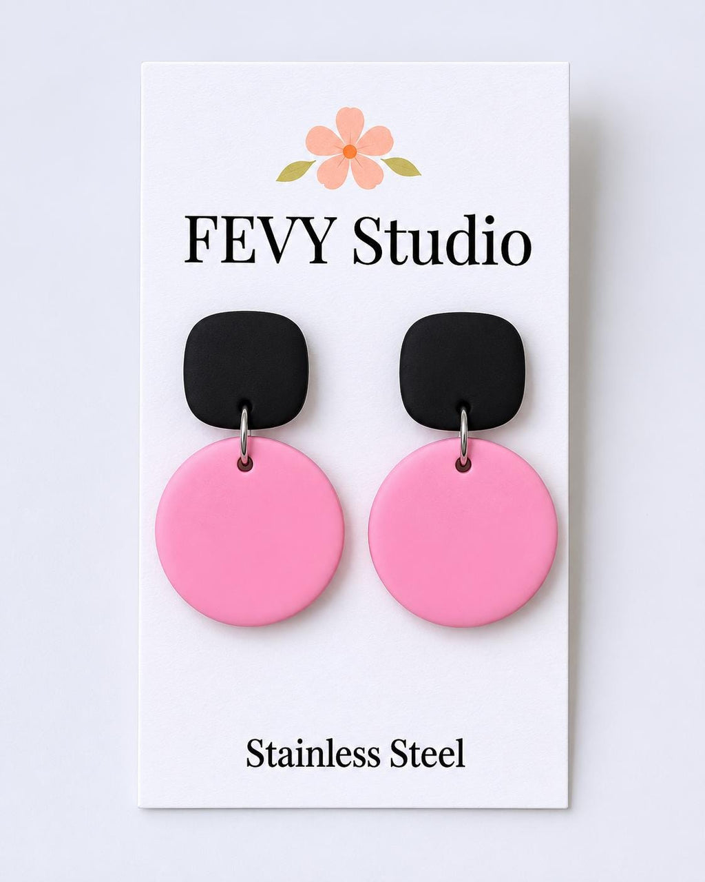 Pink Black Polymer Clay Dangle Earrings, Minimalist Modern Statement Jewelry
