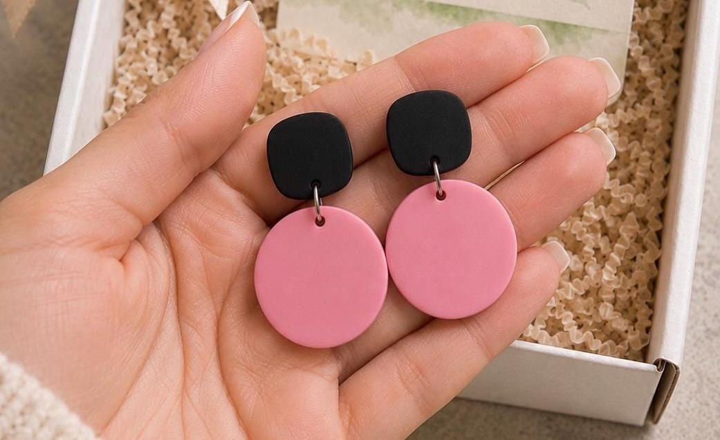 Pink Black Polymer Clay Dangle Earrings, Minimalist Modern Statement Jewelry