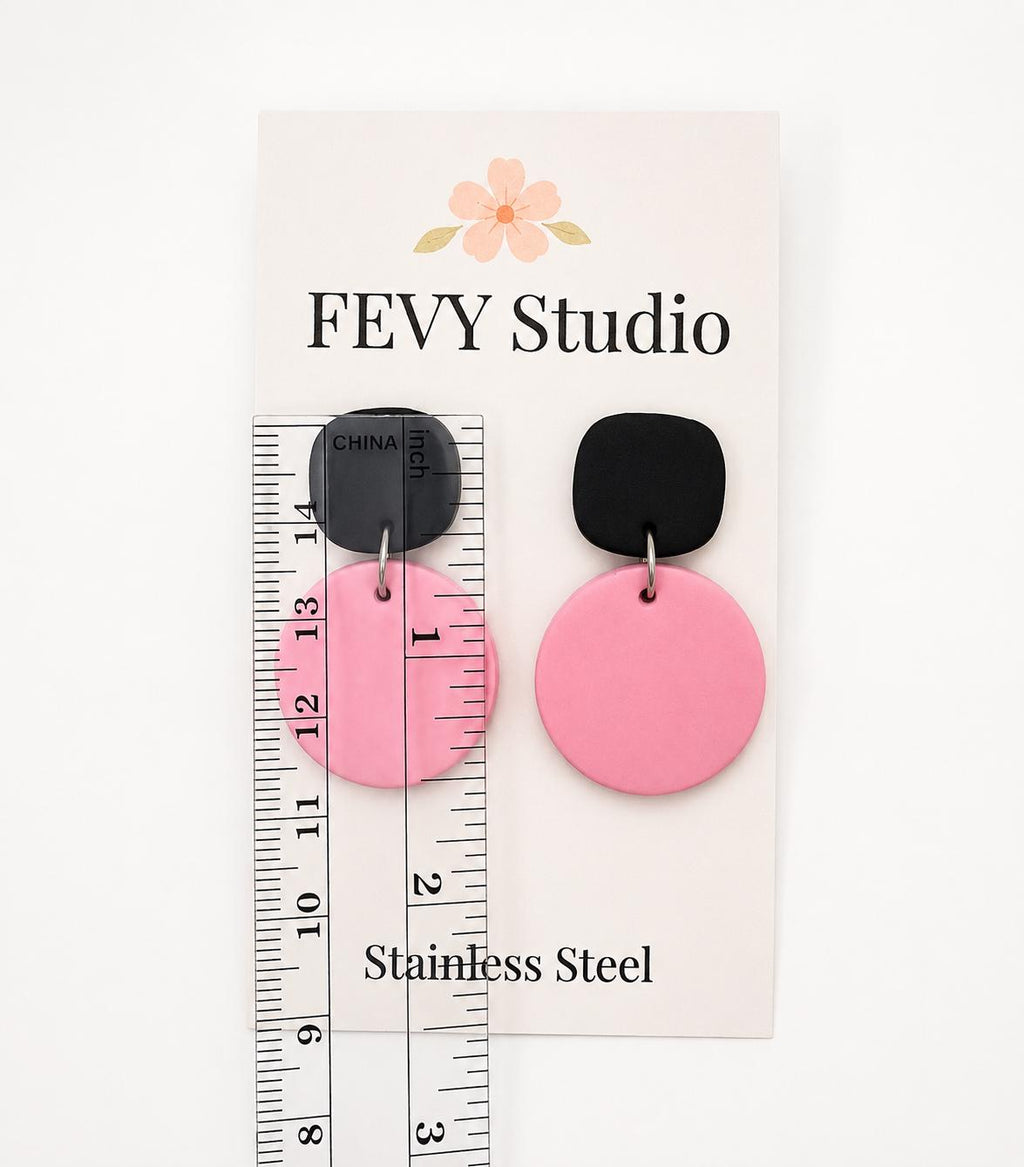Pink Black Polymer Clay Dangle Earrings, Minimalist Modern Statement Jewelry