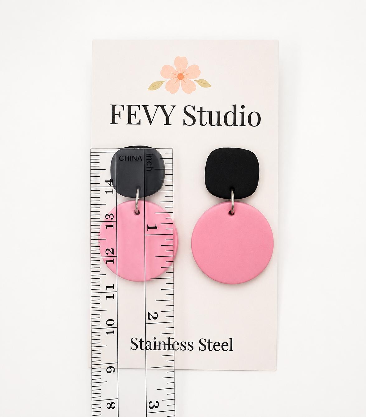 Pink Black Polymer Clay Dangle Earrings, Minimalist Modern Statement Jewelry