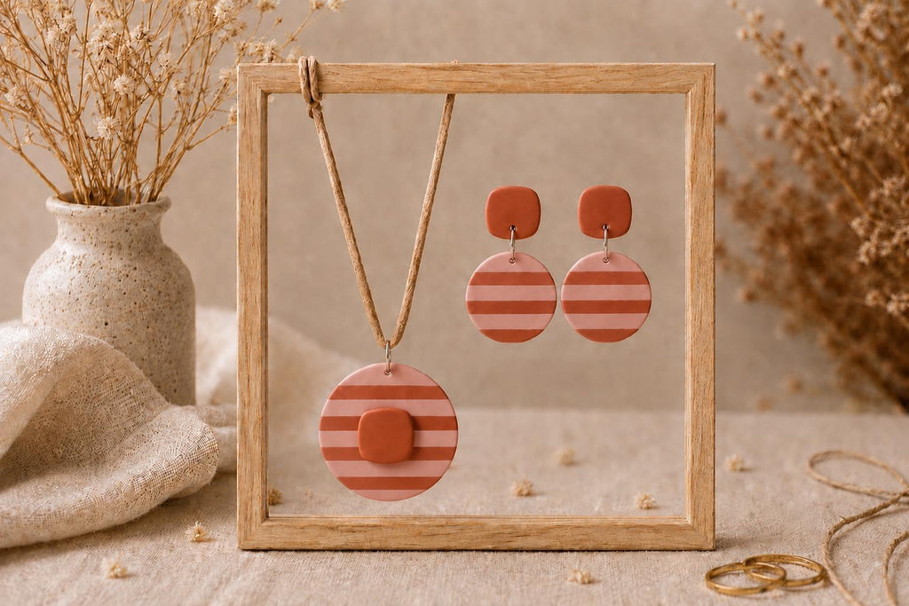 Boho Clay Jewelry Set • Striped Polymer Clay Earrings & Pendant Necklace • Terracotta Pink Statement Jewelry • Handmade Matching Set